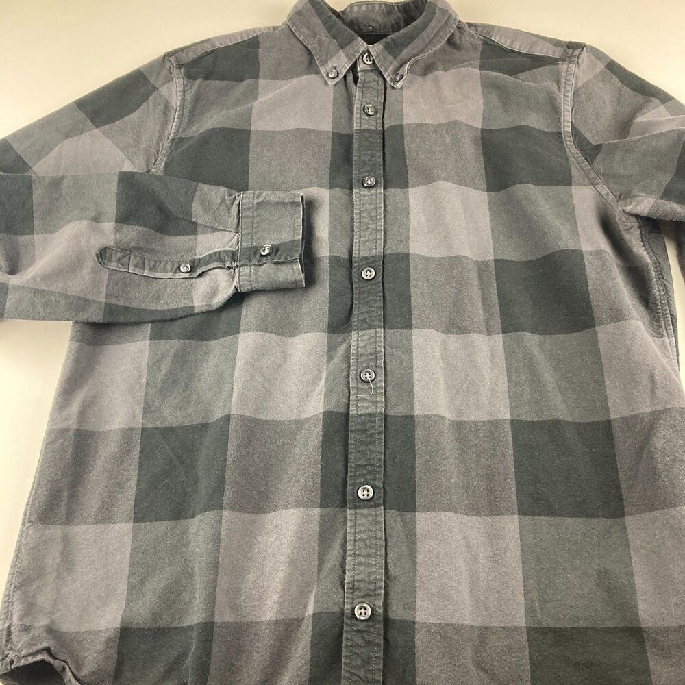 Gap Modern Oxford Mens L Slim Fit Gray Buffalo Plaid Button Shirt Cotton